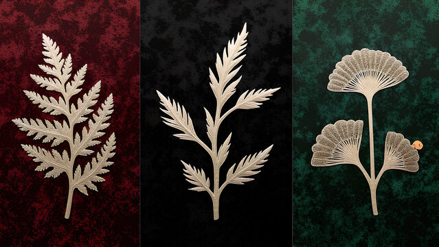 Ein dunkler, strukturierter Hintergrund, der an zerdrückten Samt erinnert, mit geisterhaften Eindrücken versteinerter Pflanzen, die in die Oberfläche gedrückt sind. KI Generated