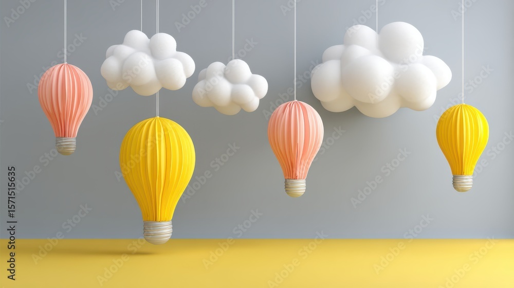 Poster creative brainstorming session with colorful balloons and floating clouds in light studio setting