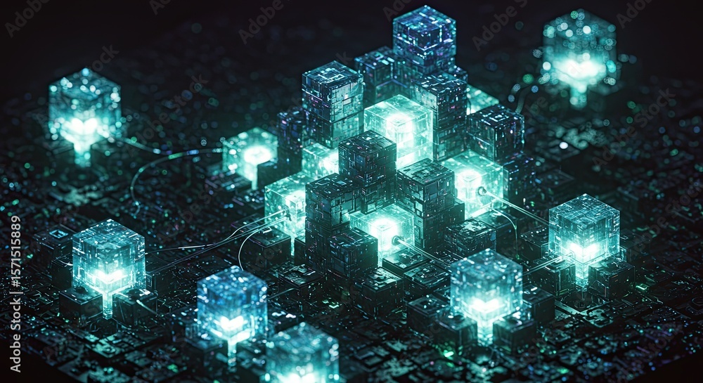 Fototapete glowing blue and green cubes form a pyramidlike structure on a dark circuit board background