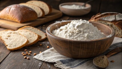 Fototapeta premium Fresh organic wheat flour and eggs in a white bowl, perfect for healthy baking ingredients like bread or breakfast meals