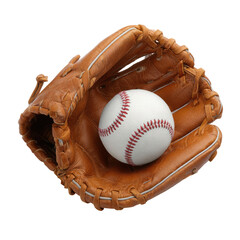 New White Baseball In Worn Brown Leather Glove on Transparent Background