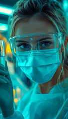Female scientist in protective gear working in a laboratory setting