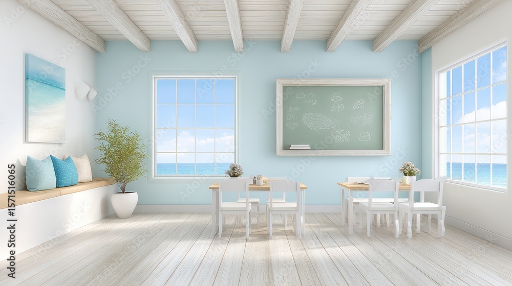Poster bright classroom scene with mind maps drawn on desks and a serene view of the ocean outside the wind
