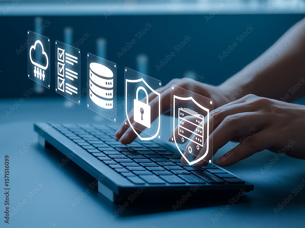 Poster digital security icons above keyboard technology data security