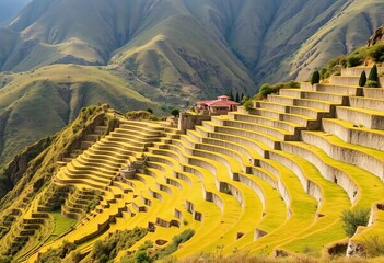 Ancient Inca agricultural terraces carved into hillside at Ollantaytambo, Peru,  breathtaking,  wonder