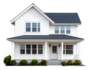 A beautiful contemporary home showcases classic white siding, a dark roof, and a welcoming front porch.