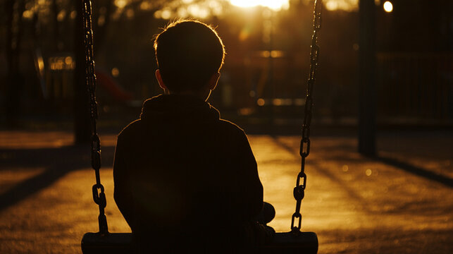 realistic close-up of boy sitting alone on swing at dusk, dim playground lights casting long shadows, introspective atmosphere - Powered by Adobe