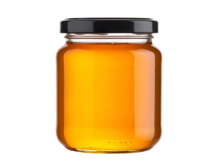Pure golden honey shimmers inside a transparent glass jar, capped with a modern black lid.