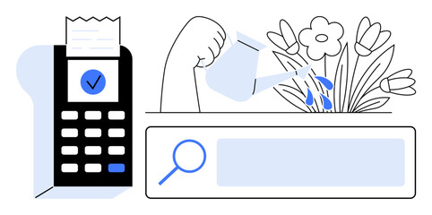 Hand watering flowers, payment terminal with receipt, and search bar interface highlighting growth, nurturing, success, technology, financial progress, nature and balance. Ideal for finance tech