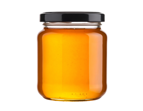 Pure golden honey shimmers inside a transparent glass jar, capped with a modern black lid.