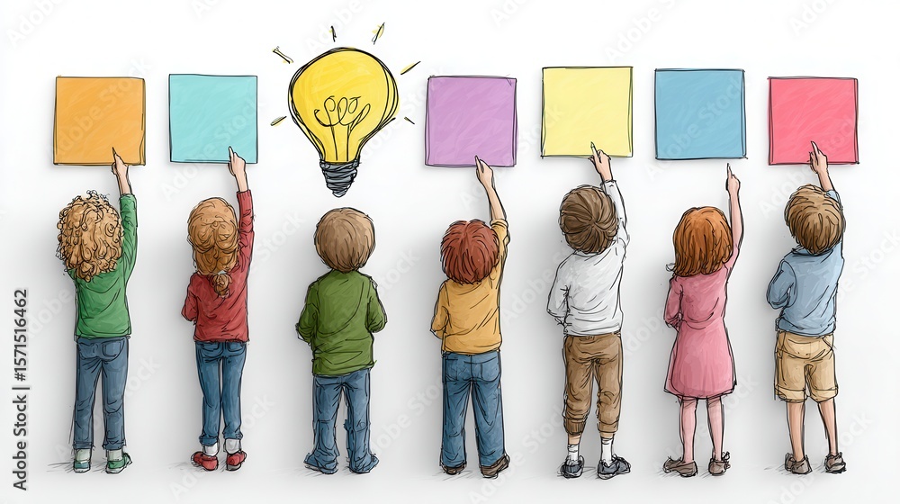 Aufkleber group of children placing colorful sticky notes on idea wall with lightbulb in bright classroom sett