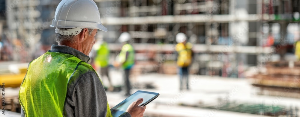 Poster the construction worker using a tablet to manage site operations efficiently.