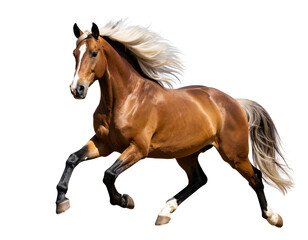 Naklejka premium A magnificent golden horse with a flowing blonde mane gallops gracefully with powerful strides.
