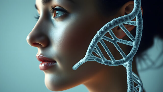 DNA Strand and Woman Face – Biotechnology and Genetics Concept