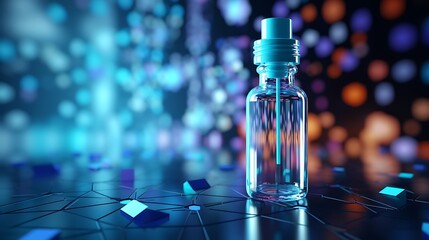Cyan Glass Bottle with Cap on Abstract Grid and Bokeh Background Display