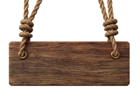 Rustic wooden sign hanging by thick braided ropes with brass grommets isolated on transparent background