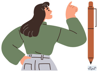 Confident woman in a green sweater pointing upwards, standing next to a brown pen and small squiggly line. Ideal for creativity, productivity, education, empowerment, ideas, teamwork, simple landing