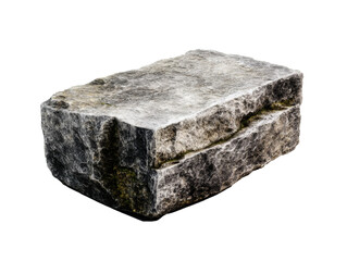 Rough textured grey stone block with moss accents isolated on transparent background