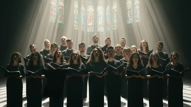 Choir Performance in a Church with Stained Glass Windows Bathed in Sunlight, Artistic