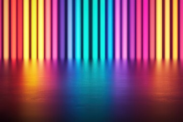 Vertical neon lights in gradient colors from red, orange, yellow, green, blue, to pink reflect on a glossy dark surface, creating a vibrant and futuristic ambiance.