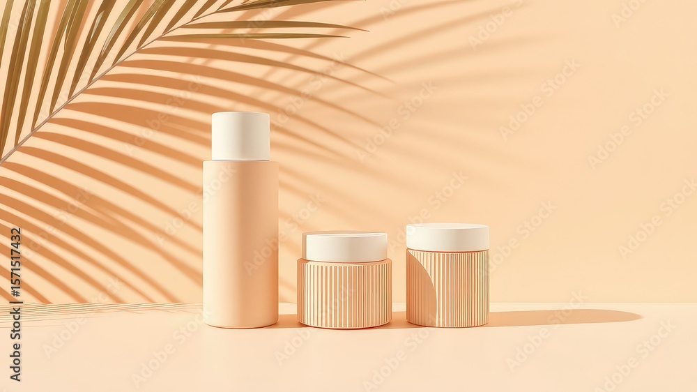 Poster minimalistic peach toned containers on a platform in front of a palm leaf shadow offers a serene and