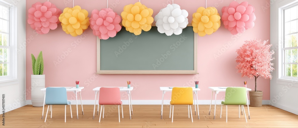 Poster creative classroom design with colorful decorations and floating idea icons for engaging learning en