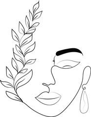 Hand-drawn vector illustration of a feather, flower, and abstract flower, with a woman's face in profile, her hair, eyes, and lips sketched in a black outline