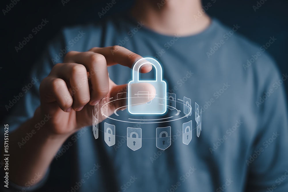 Poster digital security lock with surrounding icons padlock