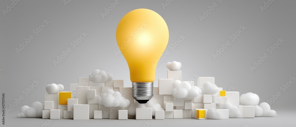 Poster creative classroom concept with floating idea icons above a modern cityscape of white cubes and clou