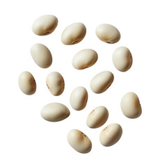 A scattering of pale creamy white kidney beans floating in space isolated on transparent background