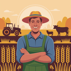 Obraz premium Smiling Farmer with Arms Crossed in Field with Tractor Cow and Wheat