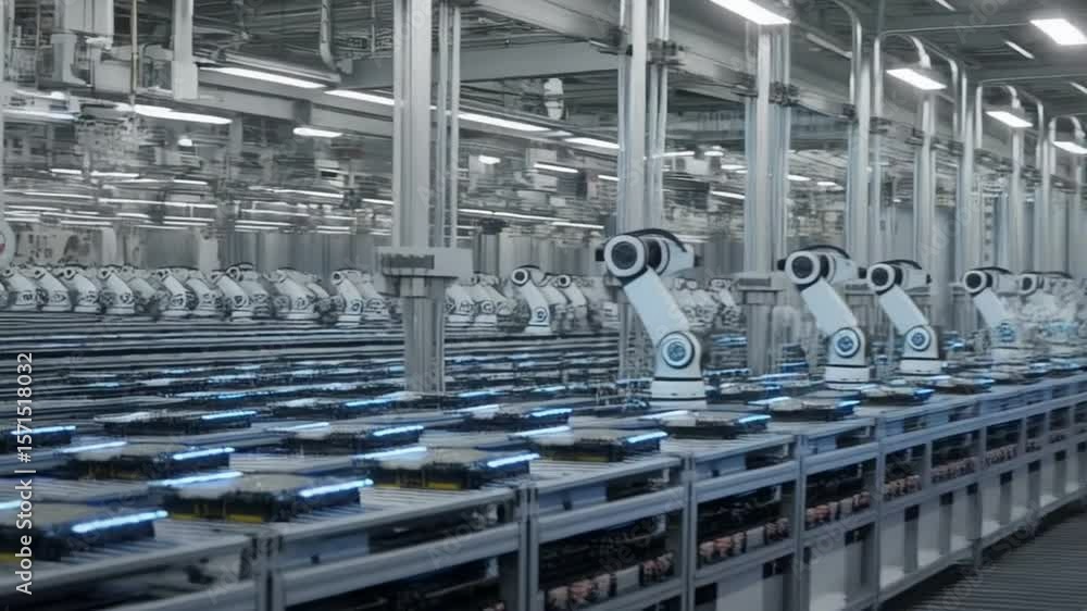 Poster advanced robotic arms work along a production line in a futuristic factory assembly, showcasing tech