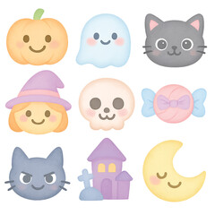 Pastel Halloween Cute Icon Set – Kawaii Watercolor Emojis