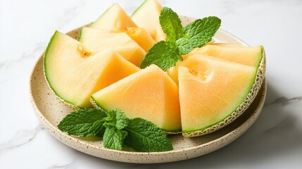 Freshly Cut Melon Slices on Plate with Mint Leaves on Marble Surface