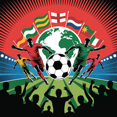 Soccer Players with Flags and Globe in Stadium with Fans