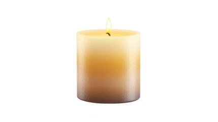 A lit cylinder candle with a warm glowing flame isolated on transparent background