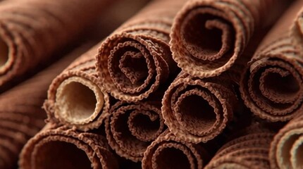 Chocolate waffle tubes. Advertising of sweets and pastries