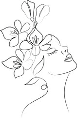 Black and white vector illustration of a woman's face with a floral silhouette design