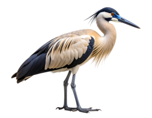 A striking heron with vibrant blue and orange facial markings stands gracefully.