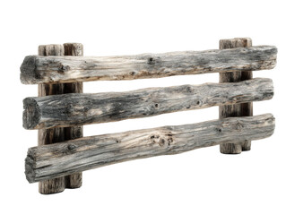 Rustic weathered wooden fence railing with three horizontal logs and vertical posts isolated on transparent background