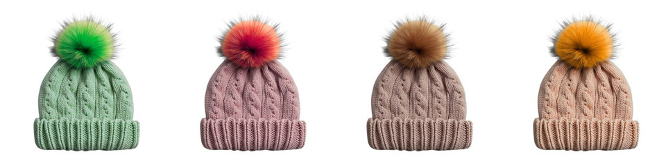Collection of colorful knitted beanies with pom-poms on transparent background for fashion concept
