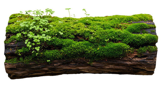 A lush green moss covered log with small clover sprouts emerging from the dense mossy surface isolated on white background