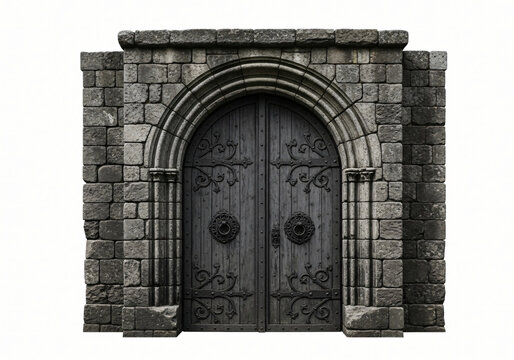 massiv dark ancient castle door gate isolated on white background