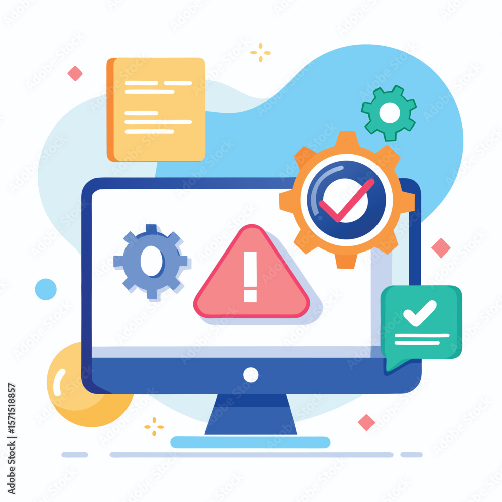Poster computer display showing system error alert and successful task completion