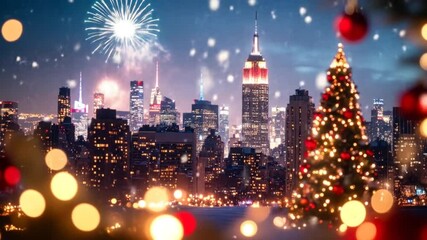 New York City Christmas Skyline At Night With Fireworks - Powered by Adobe
