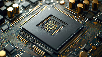 Close-up of a modern computer processor on a motherboard with surrounding electronic components
