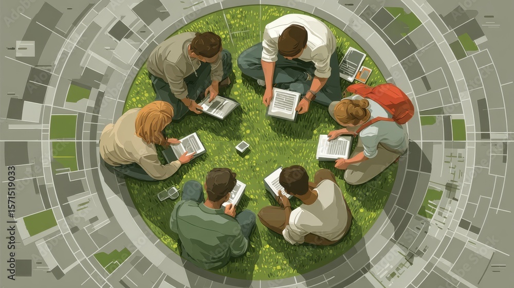 Poster overhead view of students brainstorming ideas on tablets while sitting on green grass in a circular 