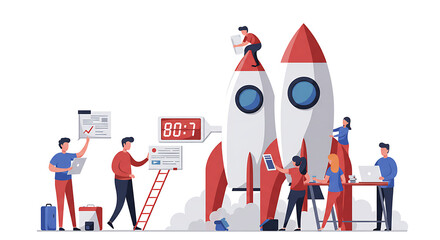 Team launches rocket project technology startup concept illustration