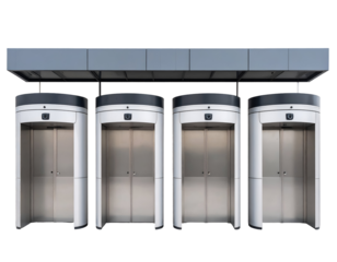 Four contemporary automated security booths with advanced sensors provide controlled access.