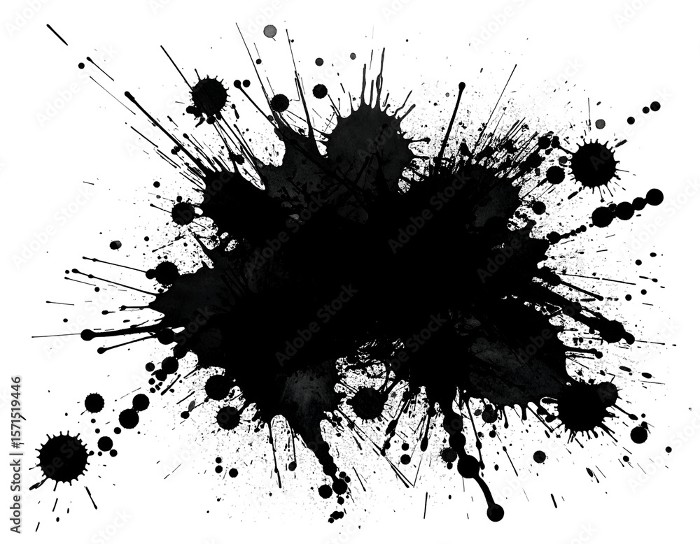 Poster dynamic black paint splash creating an expressive abstract grunge texture on a transparent canvas.